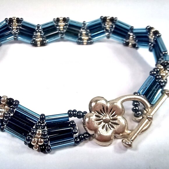 Artisan Seed Bead Bracelet - Blue Iris Inspired with Sterling Silver Tone Flower - Picture 1 of 9
